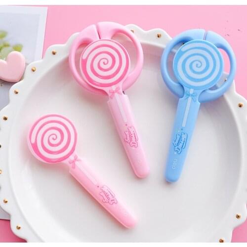 1 Pcs Kawaii Children Lollipop Style Safety Sleeve Stainless Steel Scissors School Craft Decorating Cutting Tools Stationery