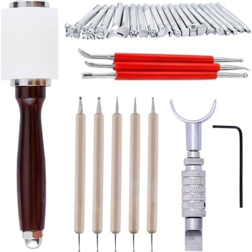 Leathercraft Stamping Cutting Tool, 31pcs/Set Manual Leather Carving Stamp Hammer Sew Leather Embossing Beveler Tools Kit