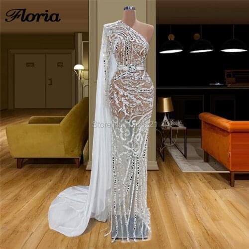 White One Shoulder Evening Dresses Women Prom Dress Floor Length Party Gown Kaftans Party Gowns Saudi Arabia 2020 Abendkleider