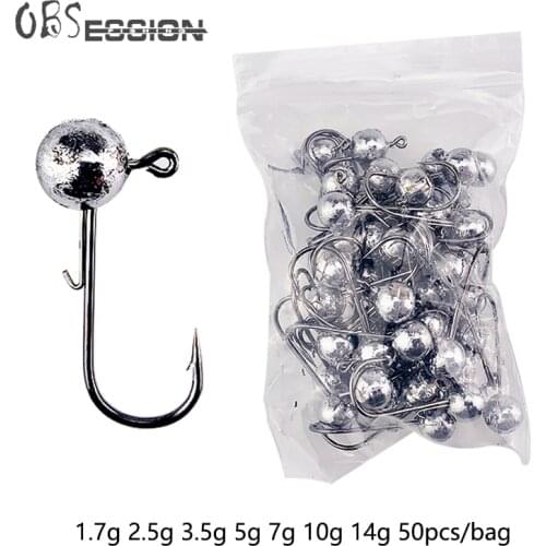 50pcs/bag 1.7g-14g Hard Metal Lead Head Jig Hook With Barb Weedless fishing hook Round Ball Jig Head Hook For Soft Worm Fishing