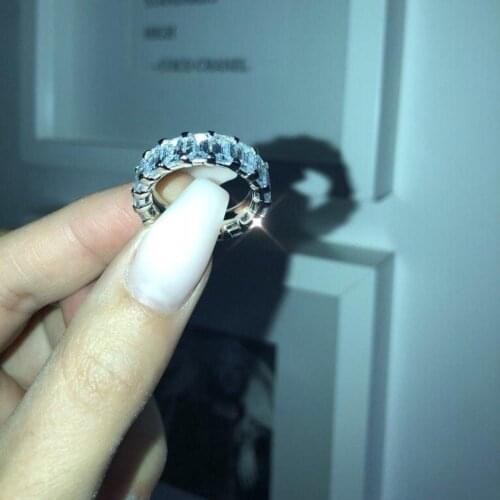 Eternity Band Promise ring Silver color Emeald cut AAAAA Cz Stone Statement wedding band rings for women Party Jewelry