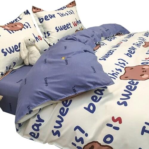 Korean four-piece bedding student dormitory single bed quilt cover cartoon bear washed cotton three-piece set