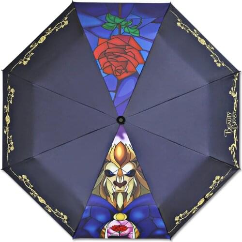 Beauty and the Beast Rose Flower Umbrella Three-Folding Non-Auto Umbrella Cartoon Windproof Folding Sun Rain Lolita