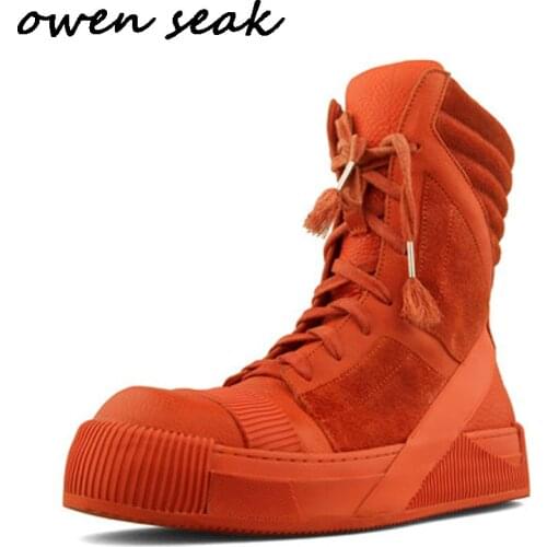 Owen Seak Men Shoes High-TOP Boots Genuine Leather Sneakers Luxury Trainers Winter Boots Casual Lace-up Black White Flats Shoes