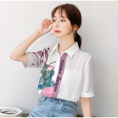 Fashion Chiffon Women Summer Shirts Elegant Aesthetic Blouses Polo-Knot Short Sleeve Casual Korean Style Tops Blusas MM0680
