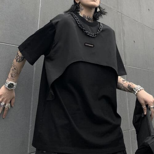 2021 summer new hip hop brand half sleeve trend versatile handsome fake two loose short sleeve T-shirt for men