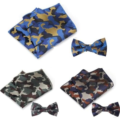 Men Camouflage Bow Tie Handkerchief Wedding Party Pocket Square Matching Set BWTQN0093