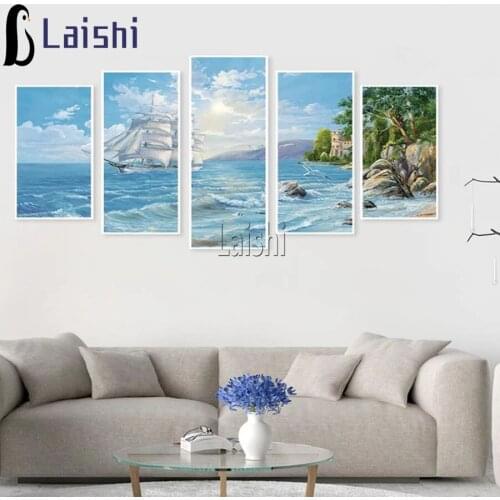 5pcs 5D DIY Full round square Drill Island sailing Diamond Painting Seaside Embroidery mosaic stitch cross Kit Home Decoration