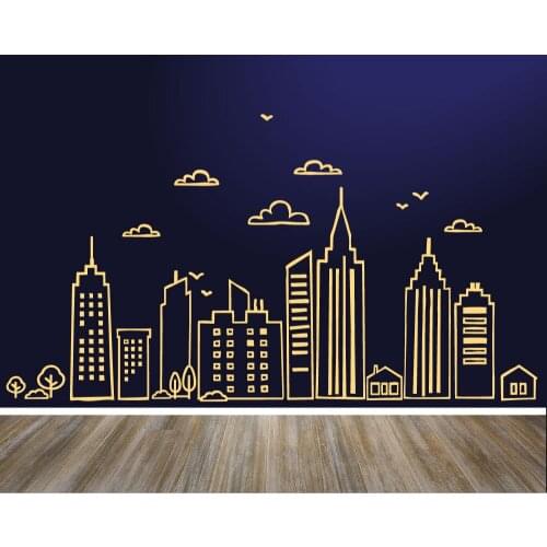 Large Doodled city skyline Bird Cloud Wall Sticker Bedroom Living Room City Skyline Landscape Wall Decal Kids Room Vinyl Decor
