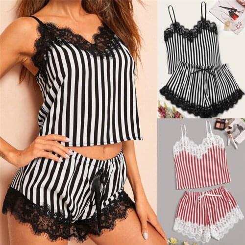 Striped Pattern Print Pajama Set Summer Sexy Sleepwear Pyjamas Women Plus Size 2 Piece Home Suit Loungewear Lingerie 2021