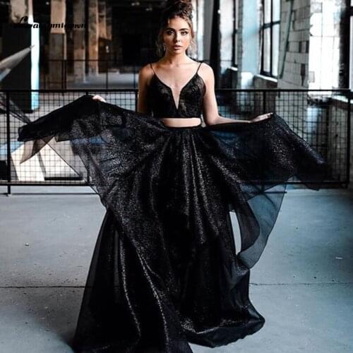 Sexy Two Pieces Black Wedding Dresses Spaghetti Straps Gothic Bridal Gowns Lustrous Stain Bohemian Bridal Party Gown Custom Size