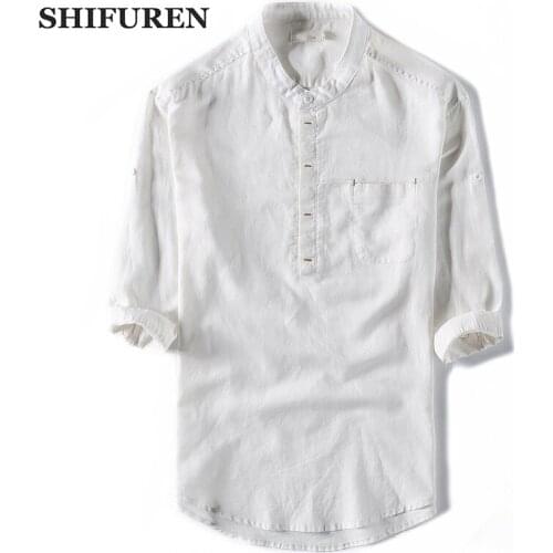 SHIFUREN Summer Thin Breathable Casual Shirts Men Half Sleeve Length Mandarin Collars Loose Fit Male Shirts Blouse Solid Color