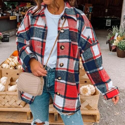 50% Hot Sales Women Long Sleeve Plaid Shirt Jacket Autumn Winter Buttons Coat Loose Outerwear