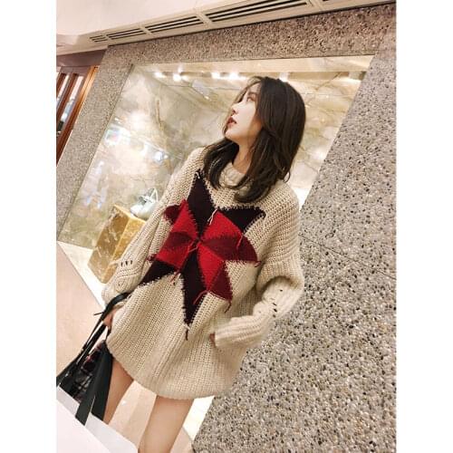 New casual star sweater womens loose Pullover hollowed out medium length lazy sweater top