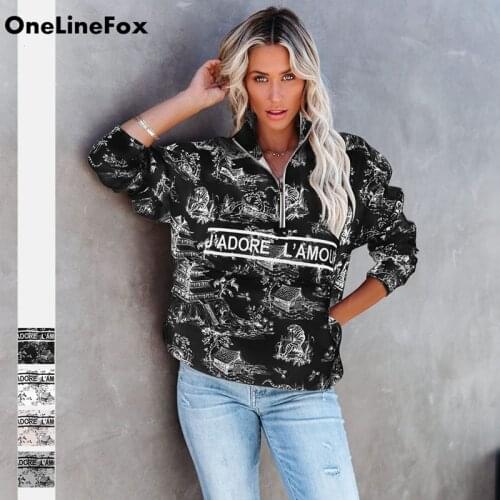 OneLineFox Women Print Zipper Hoodie Sweatshirts with Pocket Long Sleeve Top Autumn Casual Streetwear Vintage Coat Y2k 2021