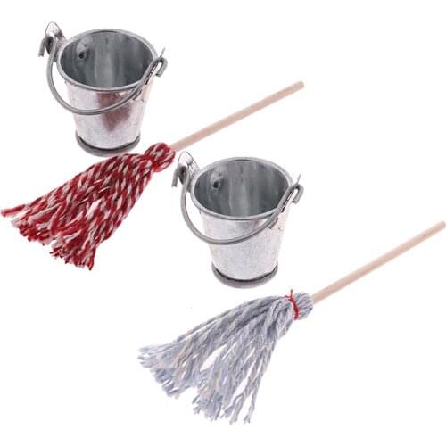 1Set 1:12 Min Dollhouse Miniature Kitchen Garden Mop Bucket Pretend Play Furniture Toys 10cm
