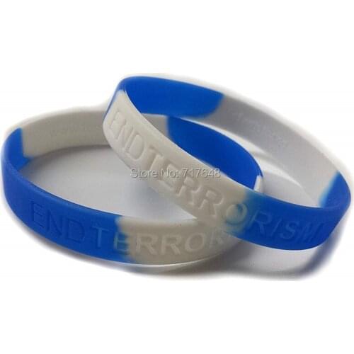 100pcs END TERRORISM white blue wristband silicone bracelets free shipping by ePacket A