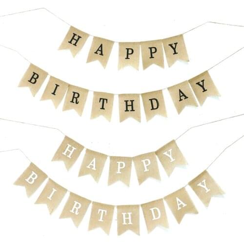 13 Flags Vintage Linen Jute Burlap Pennant Banner Bunting Happy Birthday Party