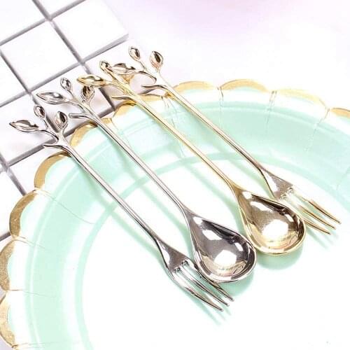 4pcs Tableware Gold Leaf Coffee Spoon Fork Little Demitasse Espresso Spoon and Appetizer Dessert Forks Set