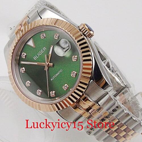 BLIGER Green Mechanical Automatic Men Wristwatch 21 Jewels MIYOTA 8215 Date Window Jubilee Bracelet Mental Back