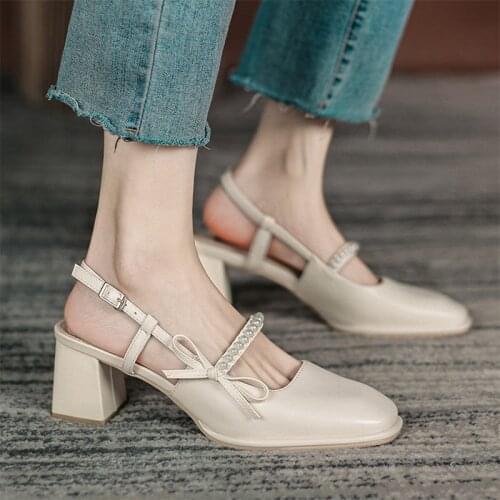 Big Size Women Sandals Square Toe High Heels Dress Shoes Bead Parls Pumps Back Strap Ladies Shoes Slingback zapatos mujer 9258L