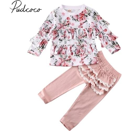 2019 Baby Spring Autumn Clothing Toddler Kid Baby Girl Ruffled Tracksuit Clothes Floral Tops T-Shirt Lace Pants Outfits 1-6T