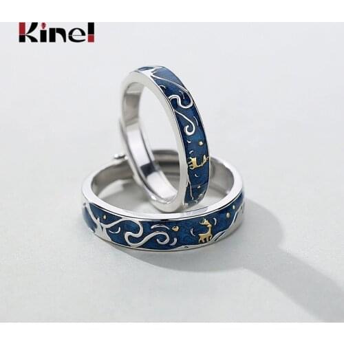 Kine Enamel Couple Rings Elk Sky Moon 925 Sterling Silver Genuine Engagement Ring Wedding Jewelry for Women
