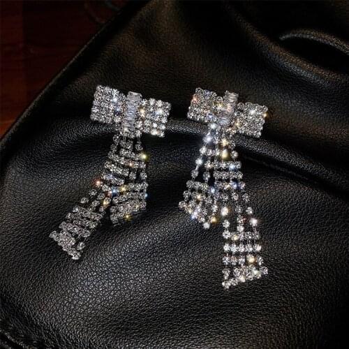 Korean Style Big Bowknot Rhinestone Dangle Earrings for Women Long Tassel Crystal Earrings Weddings Party Jewelry Accessories