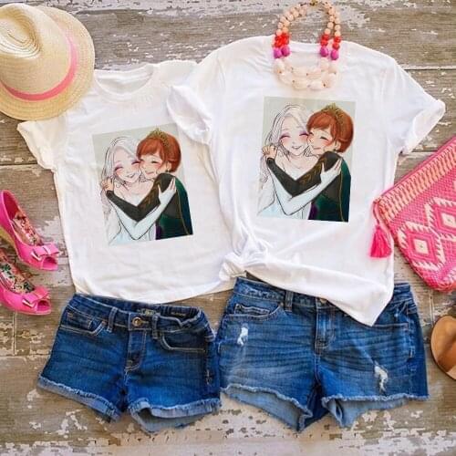 Queen Elsa Princess Anna Frozen Tshirt for Mother Daughter Famliy Look Baby Sisters Matching Clothes Outfits Dropship