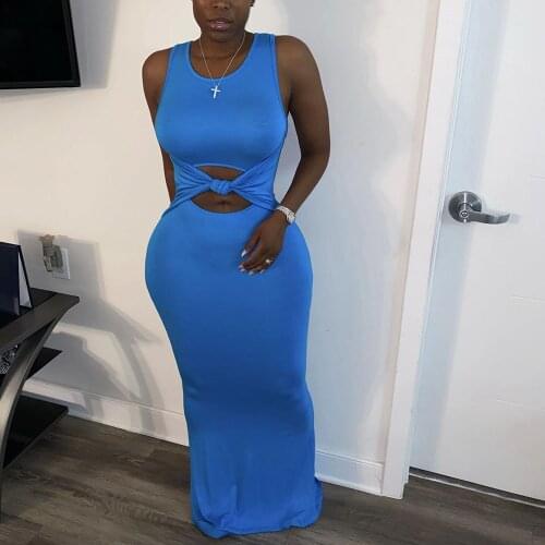 Summer Casual Sexy Long Dress Women O-neck Sleeveless Tank Sheath Bodycon Maxi Dress Draped Hollow Out Party Club Dress Vestidos