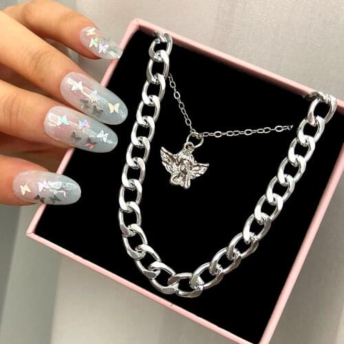 Trendy Silver Color Multi Layered Angel Pendants Necklaces Women Cuban Chunky Clavicle Chain Crystal Butterfly Necklace Jewelry