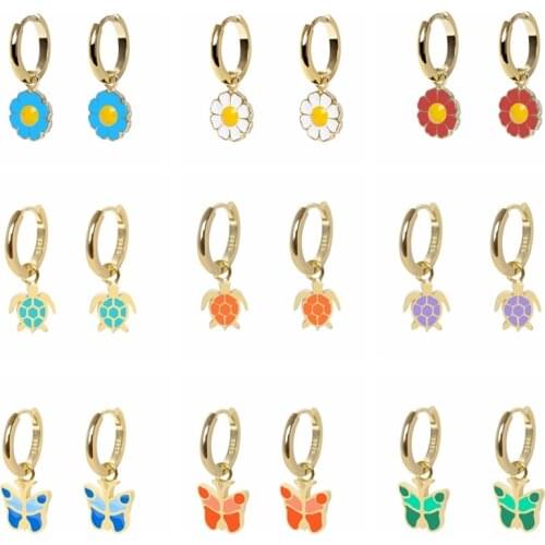 Trendy Cute Tortoise Butterfly Sun Flower Hoop Earring for Women Dripping Oil Pendant Circle Earrings Jewelry orecchini donna