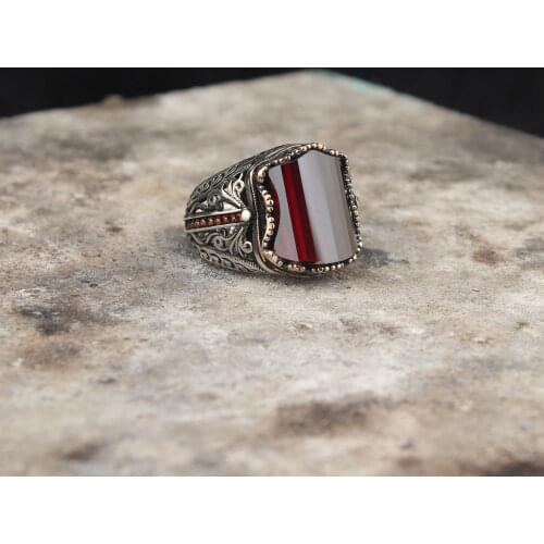 925 Sterling Silver Red Zircon GemStone Men Silver Ring, Vintage Silver Ring For Men, Handmade Engraved Mens Ring