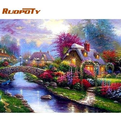 RUOPOTY Oil Painting By Numbers For Adults Children Mountain Bridge Scenery Paint Kits HandPainted 40x50cm Frame Home Decor Arts