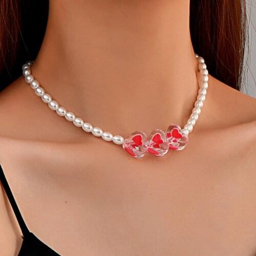 Gothic Pearl Transparent Red Heart Necklace Sweet Romantic Chocker Clavicle Chain Necklace Charm Jewelry for Women Birthday Gift