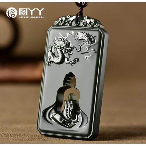 Natural A hetian jade hollow hand carved mascot oBuddha black green jade pendant unique design jadeite jade necklace men jewelry