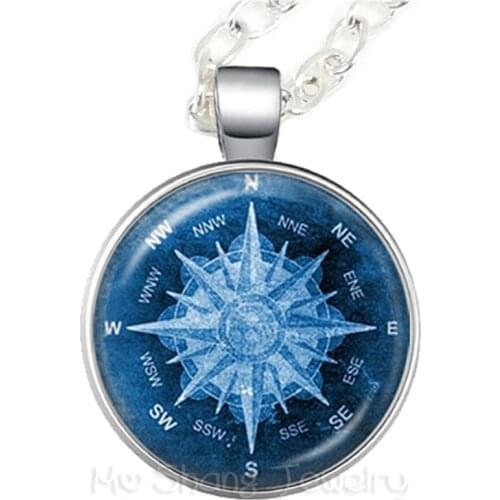 Compass Necklace Vintage Nautical Compass Pattern 25mm Round Glass Cabochon Pendant Necklace Back To School Gift