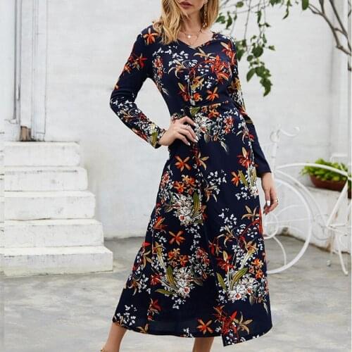 Pdfmily 2019 Autumn Winter Women Print Long Dresses Casual Floral V-Neck Long Sleeve The Waist A-Line Slit Office Ladies Dress