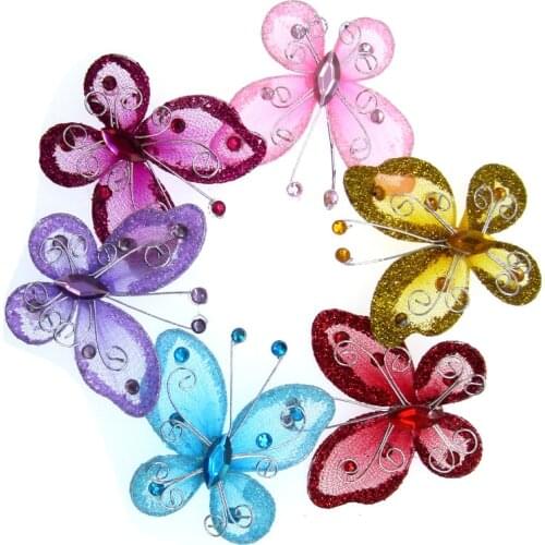 10pcs Organza mesh wire butterflies glitter rhinestone butterfly charm for wedding stakes Party DIY Decorations 5.2 x 5.6cm