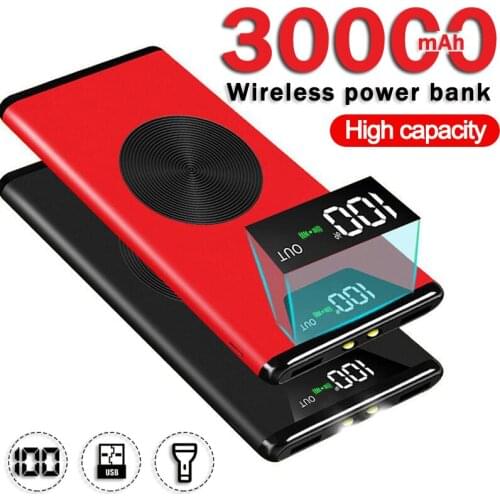 High Capacity 30000mAh Wireless Fast Charging Power Bank With2USB LED Light Portable Charger Powerbank for Iphone Xiaomi Samsung