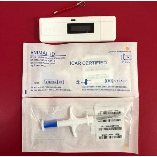 Portable microchip reader rfid pet id scanner with 10pcs 2.12*12mm FDX-B 134.2KHz Dog Glass Tag injector Animal chip syringe
