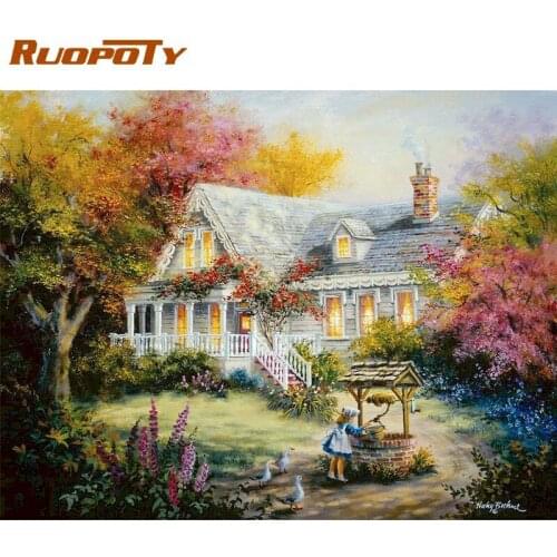 RUOPOTY 60x75cm Frame Oil Painting By Numbers Kits For Adults Children Mountain Village Scenery Picture By Number Drawing Photos