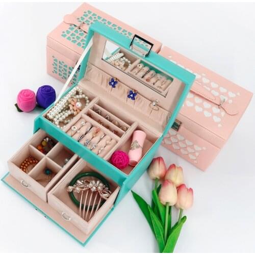 Brand PU leather Jewelry Box Hollow Out Heart Jewel Case RIngs Earrings Display Storage Jewelry Holder Box Women Wedding Gift