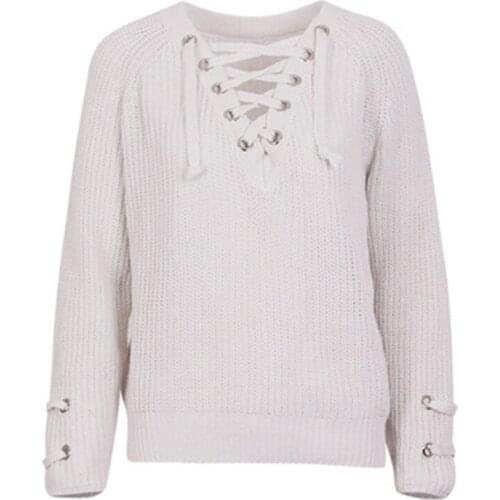 Autumn Knitted Sweater Ladies Long-Sleeved Tie Wide Loose Mid-Length Solid Color Bag Hip V-Neck Tether Sweater Commuter Pullover