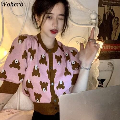 Woherb 2021 Summer Thin Knitted Cardigan Cartoon Bear Print Crop Top Puff Short Sleeve Harajuku Streetwear Blusas Femme