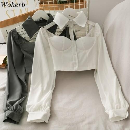 Woherb Women Sexy Long Sleeve Crop Top Off Shoulder Solid Slim Shirt Halter Turn-down Collar 2021 Summer Korean Elegant Blusas