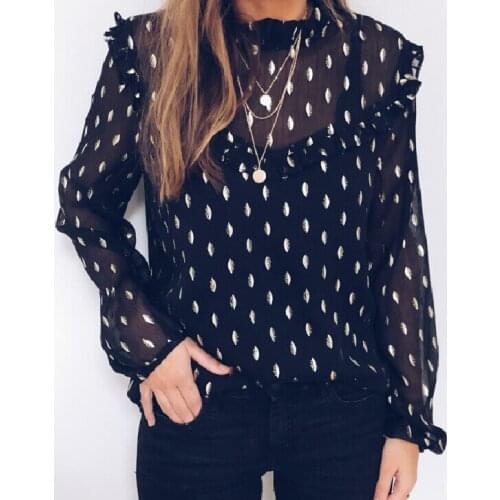 Women Boho Beach Summer Chiffon Blouse Elegant Polka Dot Top Ruffles Ladies Blouse long sleeve playa blusas top