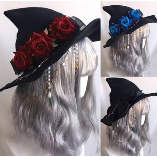 Women Witch Hat Halloween Wizard Cap Womens Hat Headwear Halloween Makeup Set Halloween Accessories Lolita Outfit