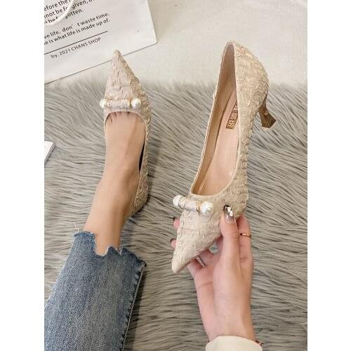 Single shoes women 2021 spring and autumn new Korean version of sweet girl fashion high heels stilettos pearl decoration