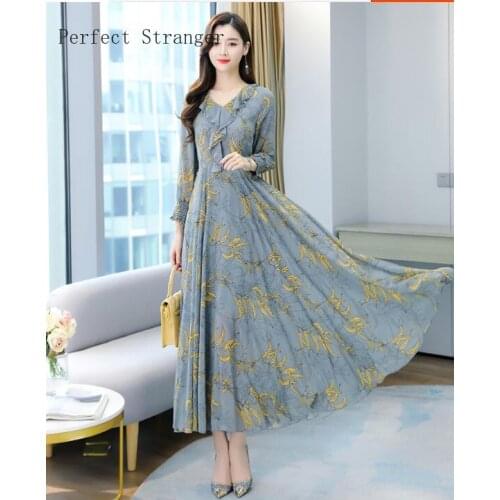 2021 Spring Summer New Arrival Bohemian Style V Collar Ruffles Flower Printed Long Sleeve Women Chiffon Long Dress